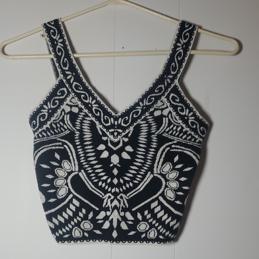 Express Black and White Embroidered Crop Top